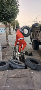 تصویر جمع آوری لاستیکهای فرسوده خودرو از معابر و زمینهای خالی هشتگرد
